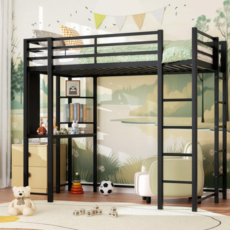 Shintenchi Full Size Loft Bed with Desk, Metal Frame with 2 Side Ladders, Storage Shelves, Safety Guardrail, Noise Free & Anti-Tilt Design, Space-Saving for Kids/Teens/Adults, Black Shintenchi
