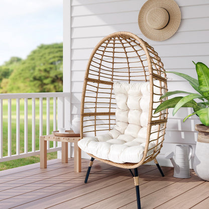 Meluvici Egg Chair Outdoor Indoor, Single Size Rattan Wicker Patio Basket Chair with 330LBS, Egg Lounger Chairs with Stand for Patio, Balcony, Bedroom, Beige