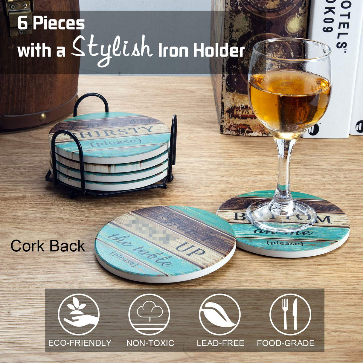 Ceramic Coasters for Drinks Absorbent, Esur Rustic Farmhouse Stone Coaster Set of 6 with Metal Holder for Wooden Table Protection, Funny Style for Bar Home Decor, Housewarming Gift esur