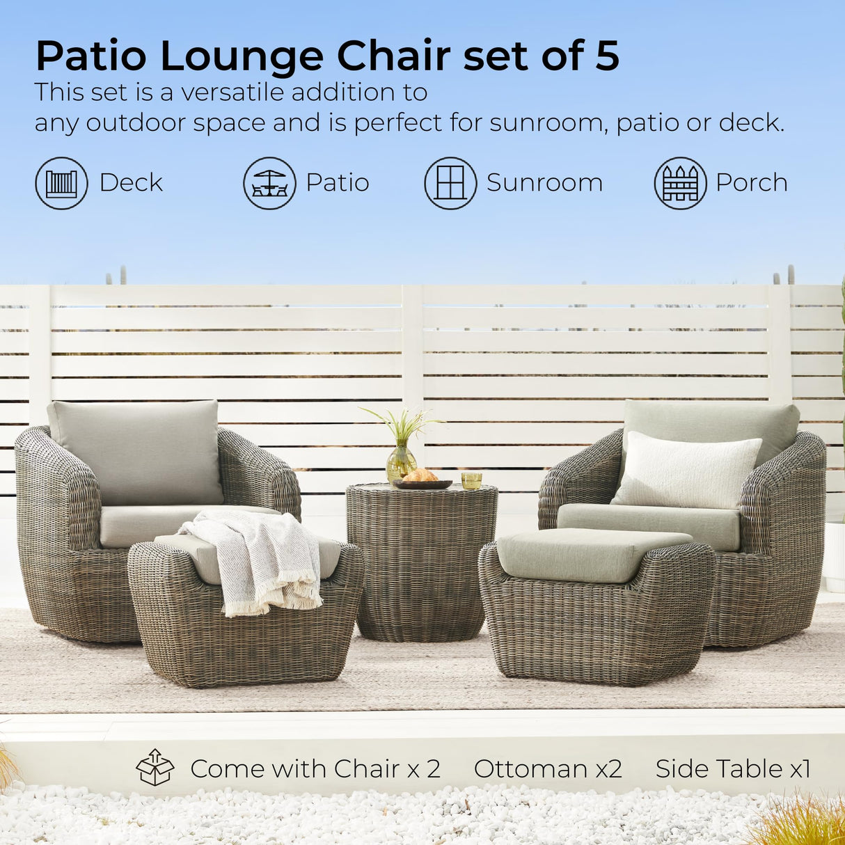 CHITA 5 Pieces Patio Wicker Furniture Set, Outdoor Rattan Bistro Set with Removable Thickened Cushions, Fully Assembled(Gray Cushions with Brownish Gray Wicker) CHITA