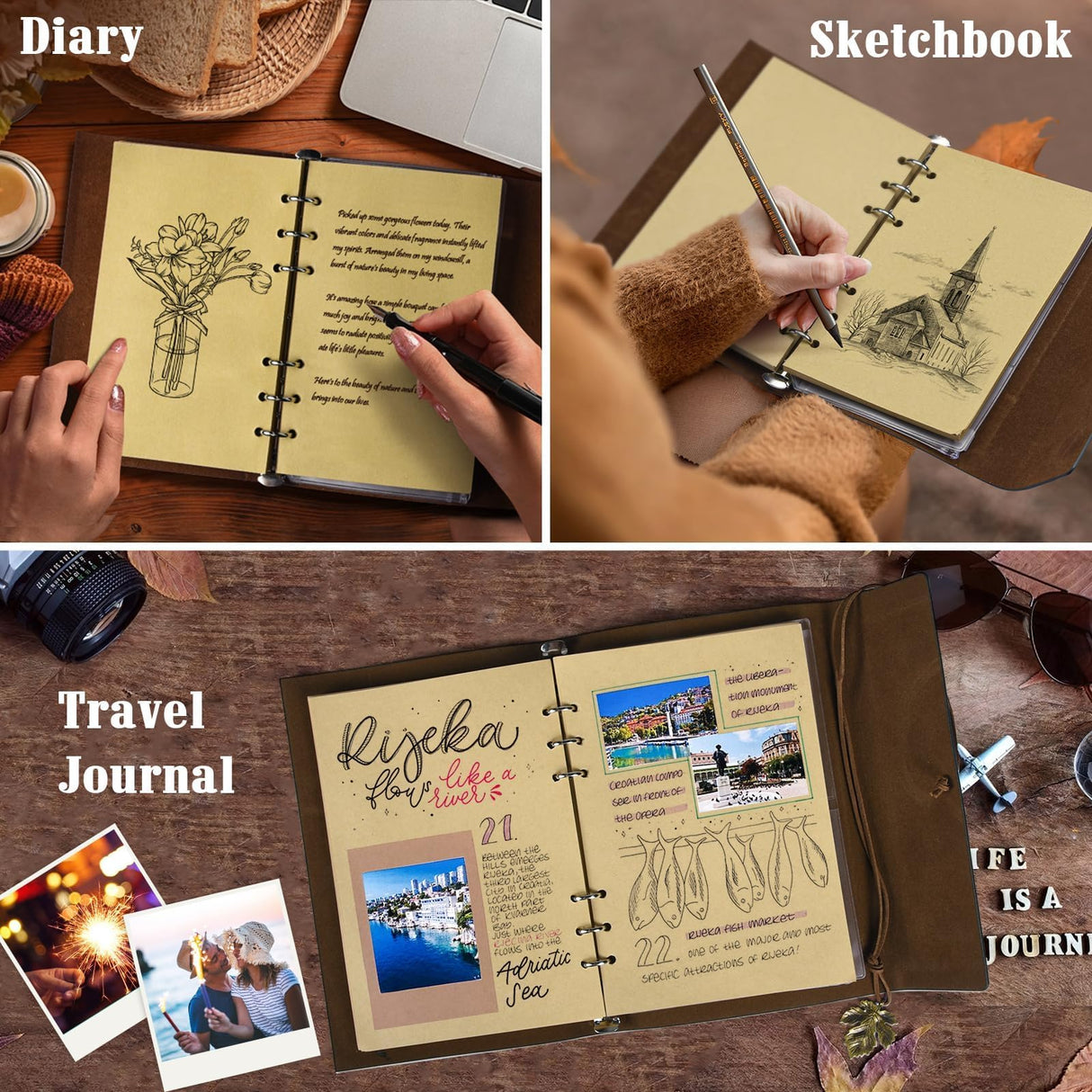 Leather Journals Notebooks with Blank Pages, Vintage Refillable Journal for Writing, Personal Travel Diary Art Sketchbook to Write in, Gifts for Women, Men, Teen Girls and Boys, 160 Pages A5 (Brown) OMEYA