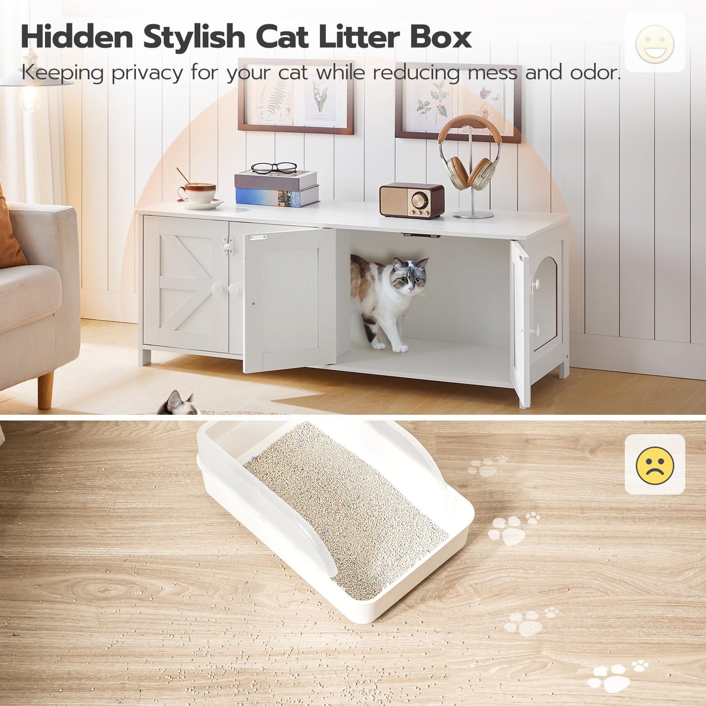 HOOBRO 47.2" Litter Box Enclosure for 2 Cats, Hidden Litter Box Furniture with Double Rooms, Wooden Cat Litter Box Enclosure, Dual Litter Box Design, Large Cat House for 2 Cats, White WT32MW0 - WoodArtSupply