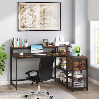 LITTLE TREE Reversible L-Shaped Computer Desk with Hutch & Shelf,Rustic