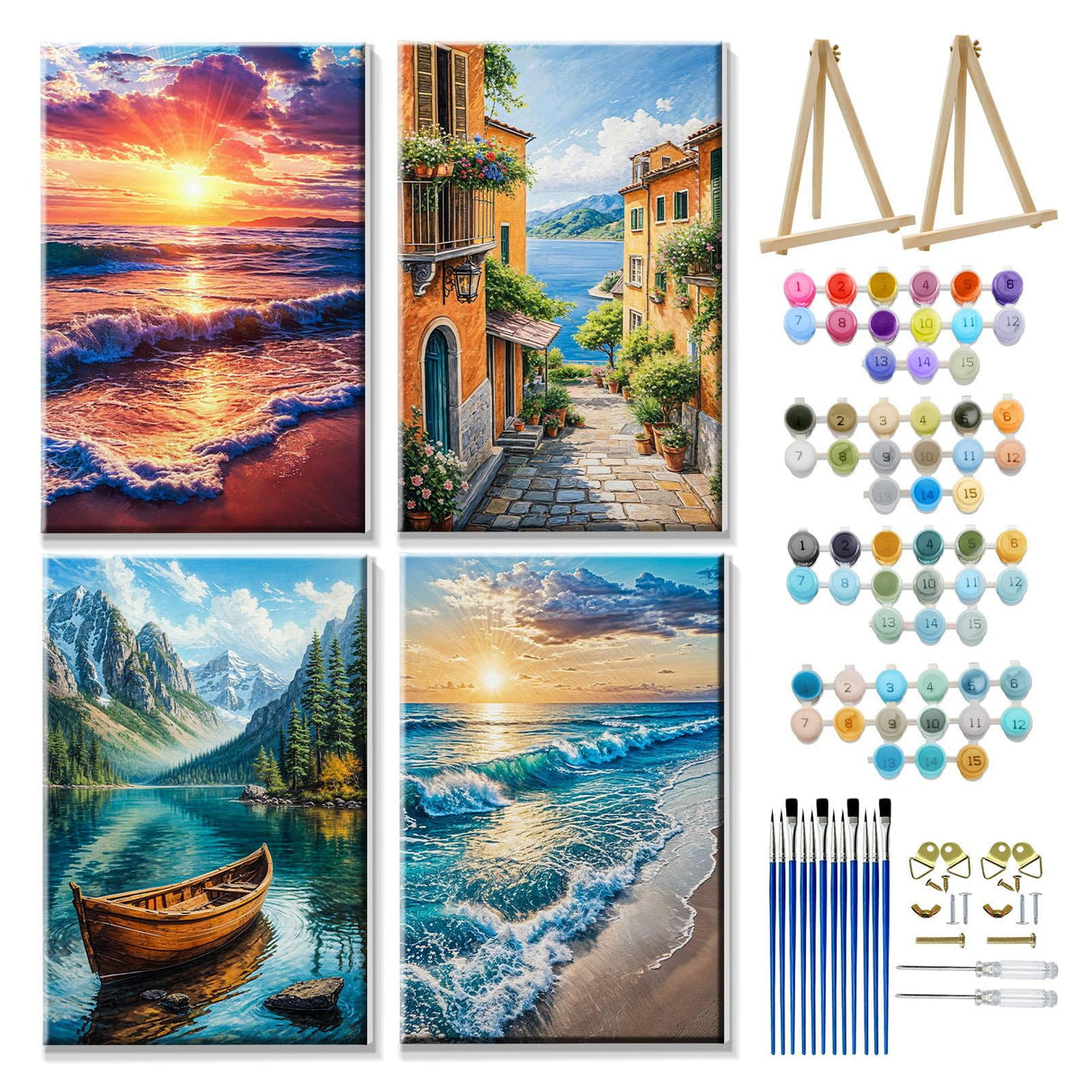 JOOZ 4 Pack Paint by Numbers Kit for Adults with Frame Seaside Sunset Paint by Number with Easel DIY Beach Sea Adult Paint by Number Kit on Canvas Oil Painting Kits for Home Wall Decor 8x12 Inch JOOZ
