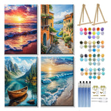 JOOZ 4 Pack Paint by Numbers Kit for Adults with Frame Seaside Sunset Paint by Number with Easel DIY Beach Sea Adult Paint by Number Kit on Canvas Oil Painting Kits for Home Wall Decor 8x12 Inch JOOZ