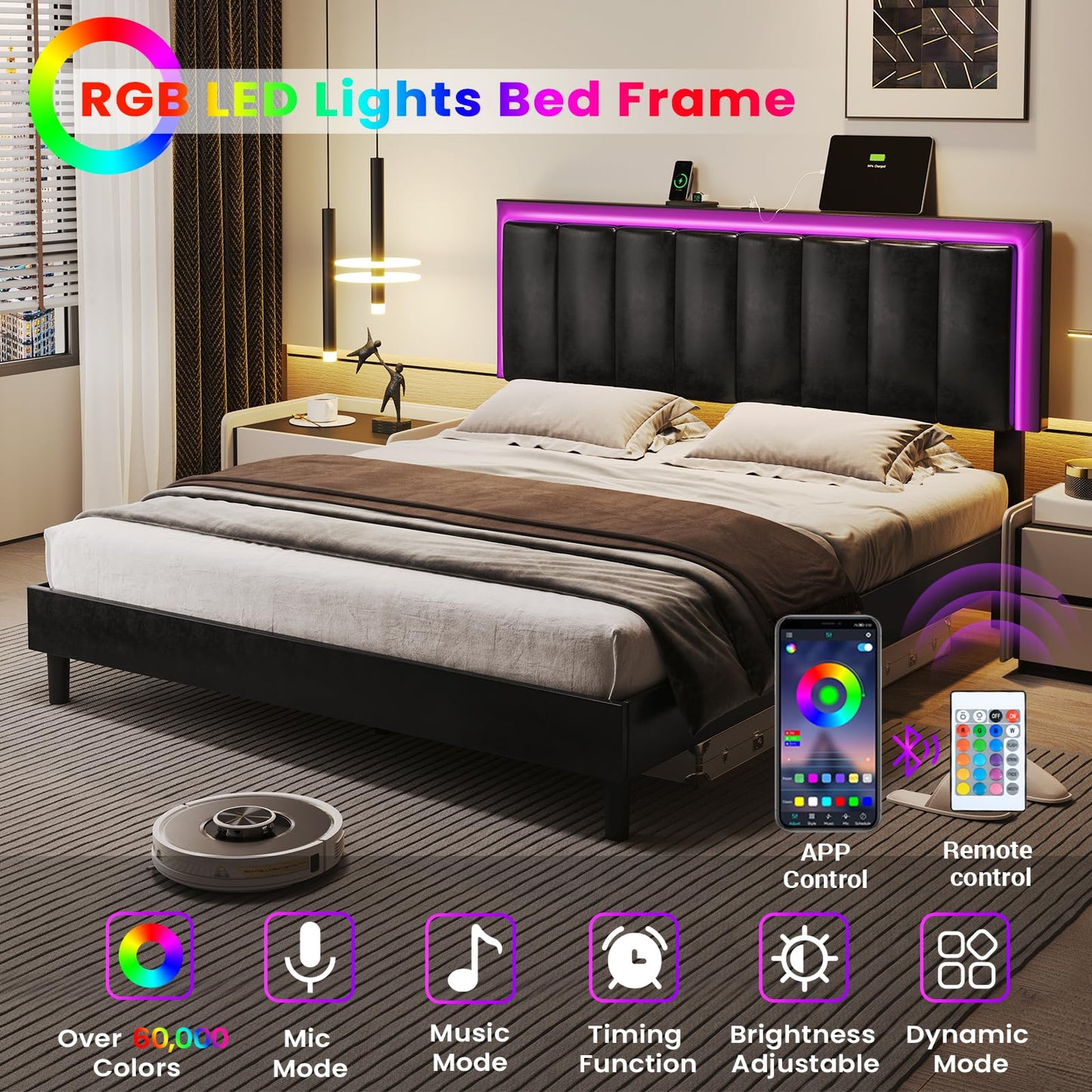 Modern DICTAC Queen Bed Frame with LED Headboard, USB Ports & Faux Leather Upholstery - WoodArtSupply