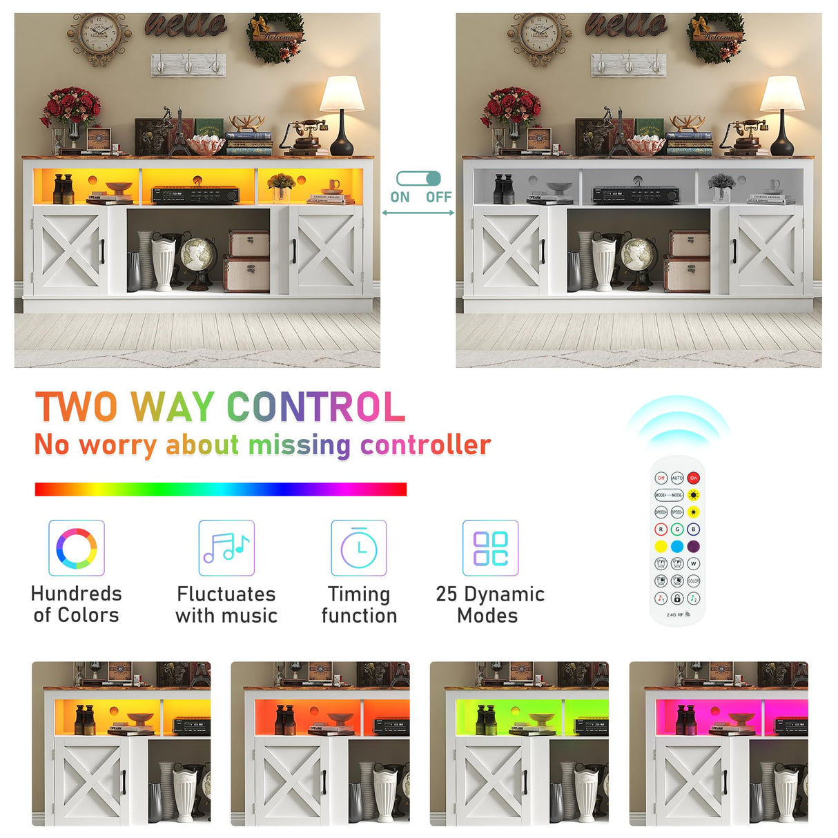 jiteentarou Farmhouse TV Stand for 70/75/80 Inch TV, 32”Tall Entertainment Center w/LED Light, Large Media Console Cabinet w/Barn Doors & Adjustable Shelves for Living Room, White jiteentarou