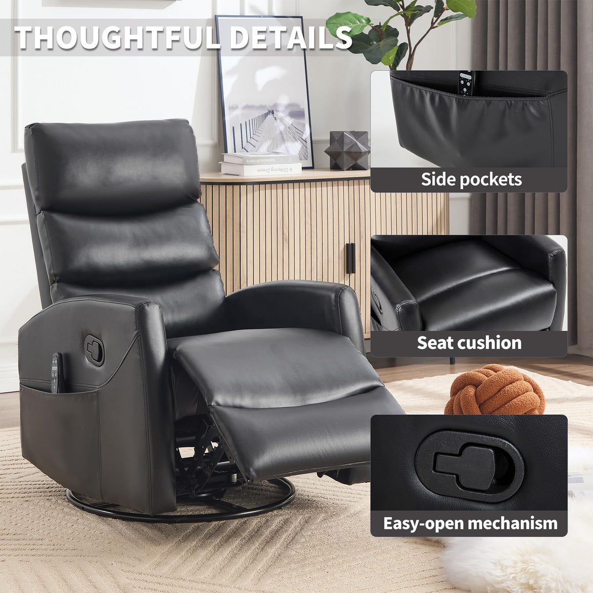 Massage Chair Recliner with Heat, Swivel Rocking Chair Recliner with High Back, Manual Lazy Boy Recliners for Adults,Small Recliner Chair for Small Spaces, Living Room Bedroom, Fabric (Black) Thctvous