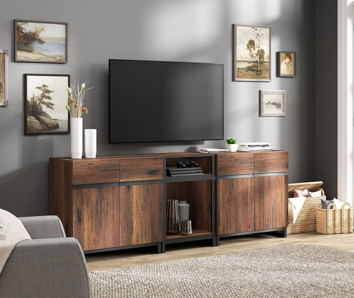 WAMPAT TV Stand for TVs up to 90 inch, 3 in 1 Modern Entertainment Center with Metal Base & 2 Adjustable Shelves, TV Console for Living Room,Brown WAMPAT