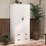 NewBeth 71" Wood Armoire Wardrobe Closet with 2 Doors and 2 Drawers, Clothes Storage Organizer Cabinets with Hanging Rod Freestanding Wardrobe for Bedroom, White (Style 2) NewBeth