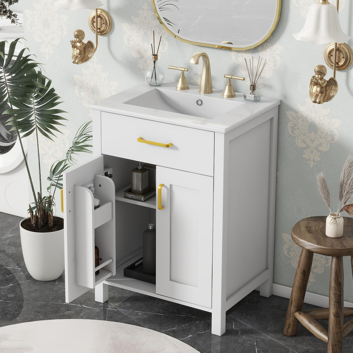 LUMISOL 24" Bathroom Vanity with Sink, Single Bathroom Vanity with a Drawer & Soft-Close Doors, Solid Wood Bathroom Cabinet with 2-Tier Racks, Adjustable Shelf, Ceramic Vessel Sink, White 24 in LUMISOL