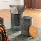 Glitzhome Rustic End Table Set of 2, Farmhouse Galvanized Metal Barrel Ottoman Storage Stool with Round Wood Lid for Living Room Furniture, Grey Glitzhome