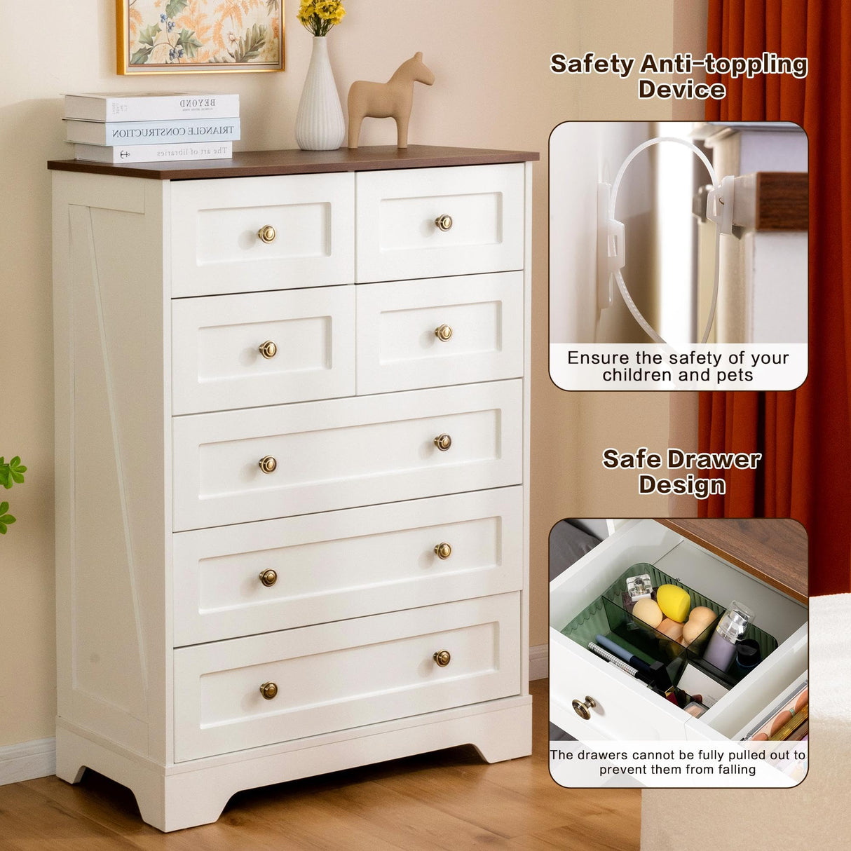 spanspace 7 Drawers Tall Dressers for Bedroom, 44" Wood Chest of Drawers with Metal Handle, Farmhouse Dresser for Living Room, Hallway spanspace