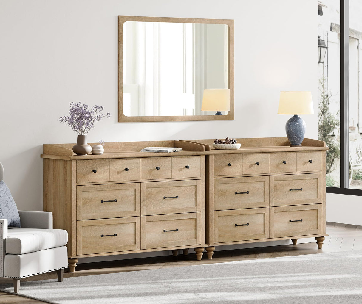 WAMPAT 12 Drawers Dresser for Bedroom, Set of 2 Farmhouse Dressers with 6 Drawers, Light Wood Kids Dresser for Closet, Wide Dressers Organizer for Living Room & Hallway, Oak WAMPAT