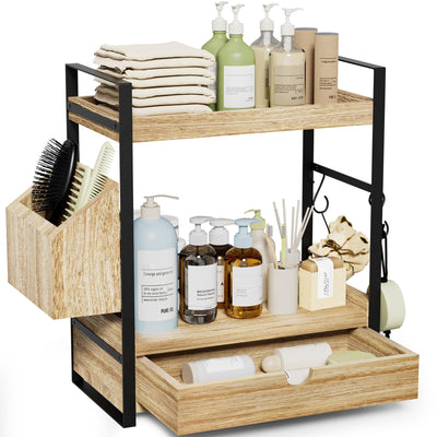 Aollewoiti 2-Tier Bathroom Counter Organizer with Drawer and Basket, Wood Countertop Organizer for Storage, Skincare Organizers for Vanity, Counter Shelf for Bathroom Organization