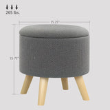 HOMCOM Round Storage Ottoman, Linen Fabric Foot Stool with Removable Top, Padded Seat, Small Foot Rest with Hidden Space and Wooden Legs for Living Room, Gray HOMCOM
