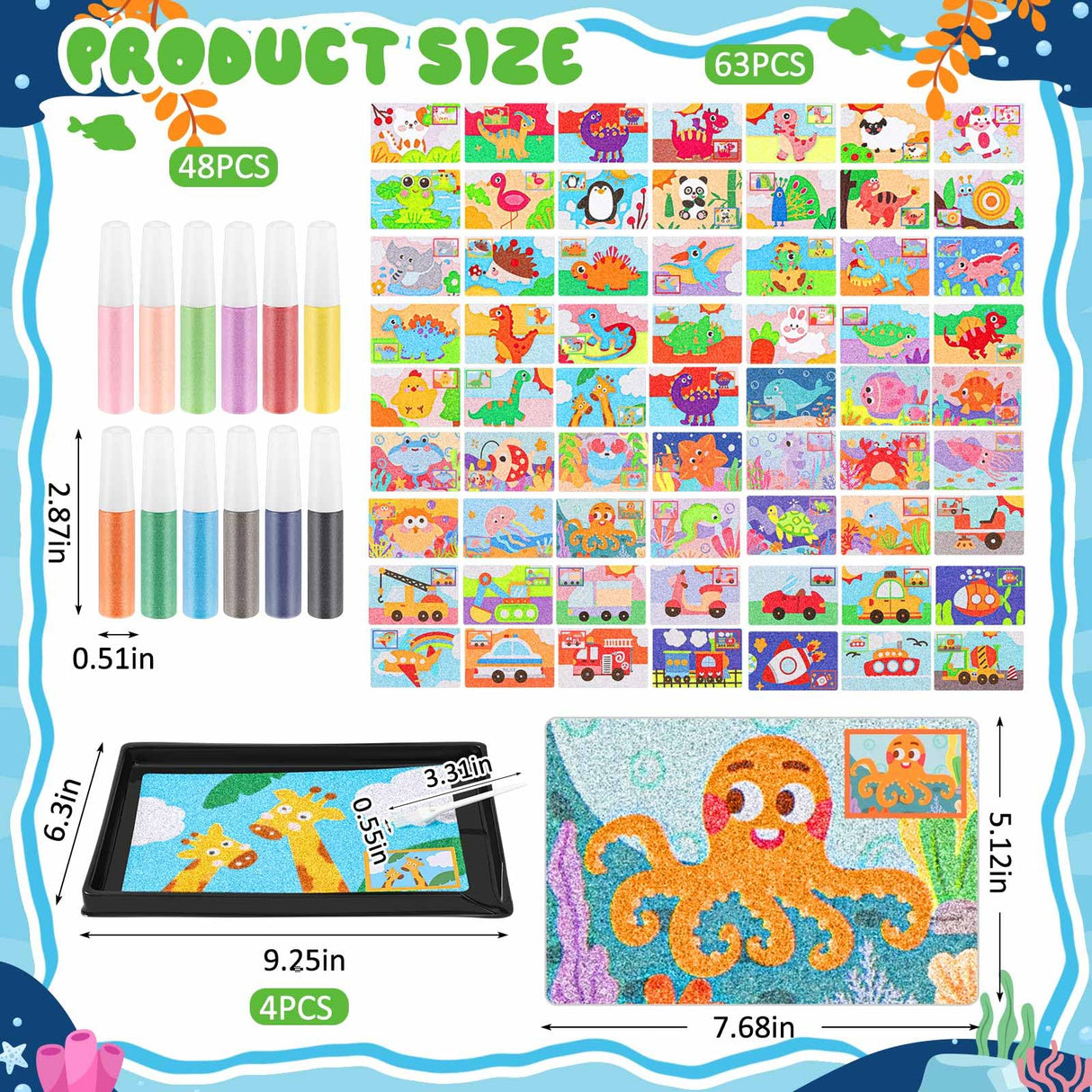 Tenceur 119 Pcs Kids' Sand Art Kits Сolor Sand Art Pictures Peel and Stick 12 Color 32 Pcs Sand Painting Board 2 Sand Painting Tray 2 Brush 24 Bottles for Kids Tenceur