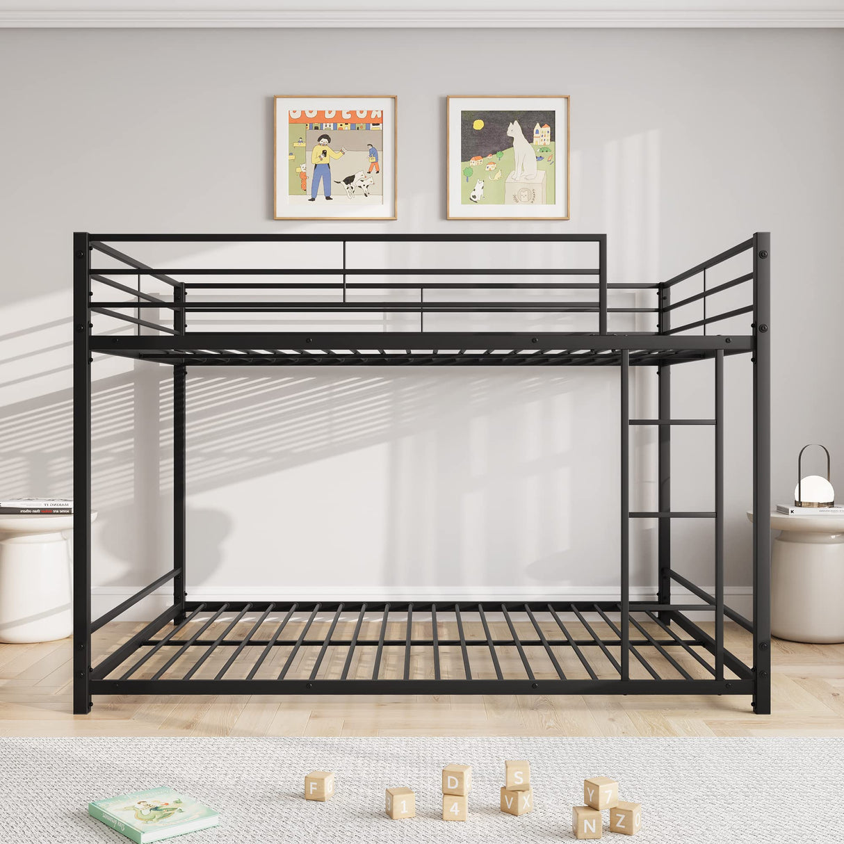 Full Over Full Bunk Beds, Metal Heavy Duty Full Size Bunk Beds for Kids, Full Size Bed Frmae for Boys and Girls,Loft Bed with Ladder and Guardrail for Small Spaces (Black) FOUBAM