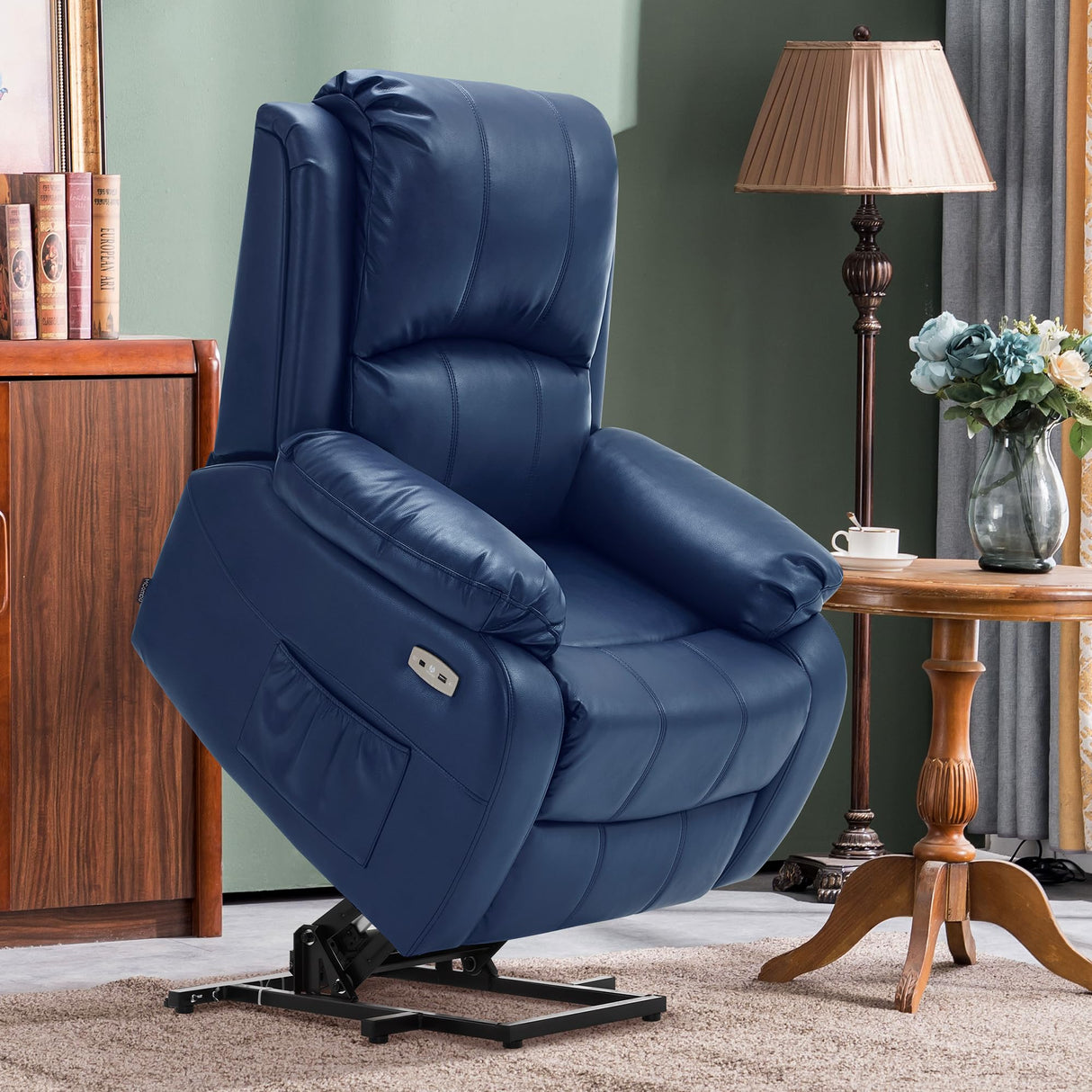 MCombo Small-Regular Power Lift Recliner Chair with Massage and Heat for Petite Elderly People, 3 Positions, 2 Side Pockets, USB Ports, Faux Leather 7408 (Navy Blue, Small-Regular) MCombo