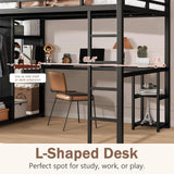 MAKIAAP Queen Heavy Duty Metal Loft Bed with L-Shaped Desk, Wardrobe & 5 Storage Shelves – Space-Saving Design for Kids, Teens, Adults – 500LBS Capacity, Easy Assembly (Queen) MAKIAAP