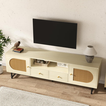 Long TV Stand for 70 75 inch TV, Rattan Entertainment Center with Storage Cabinets & Open Shelves, Modern TV Console Table for TVs Up to 80” for Living Room, Beige