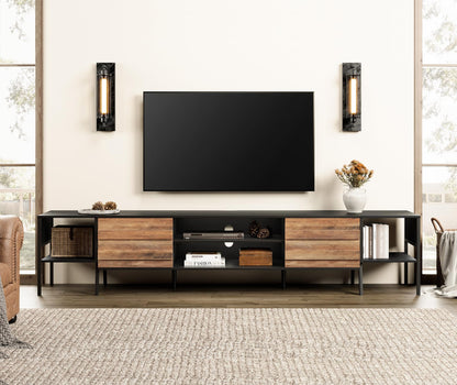 WAMPAT Mid-Century TV Stand for 100 Inch TV, Wood TV Console Media Cabinet with Storage for 85 90 95 inch TV Entertainment Center for Living Room Bedroom, Black & Oak