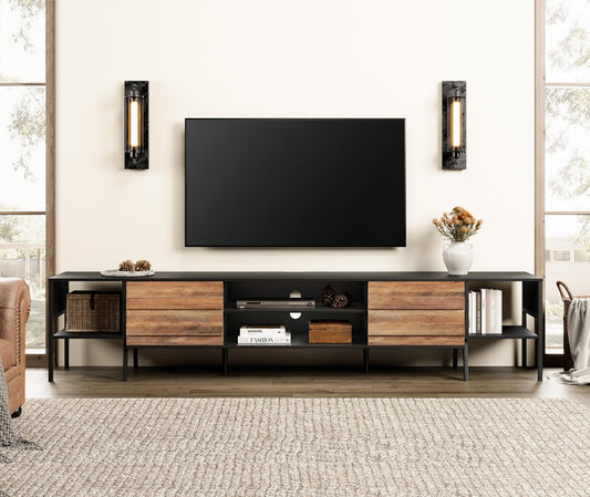 WAMPAT Mid-Century TV Stand for 100 Inch TV, Wood TV Console Media Cabinet with Storage for 85 90 95 inch TV Entertainment Center for Living Room Bedroom, Black & Oak