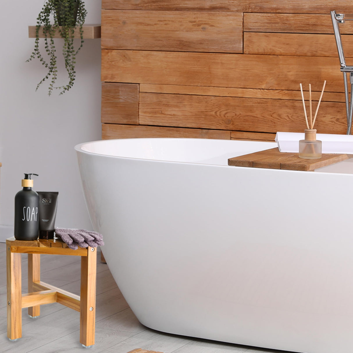 PERFNIQUE Teak Shower Stool, Teak Shower Bench, 12'' Shower Stool for Shaving Legs, Spa Foot Rest for Inside Shower, Organizer Teak Stool, Waterproof Small Corner Bench for Bathroom Livingroom (12'') PERFNIQUE