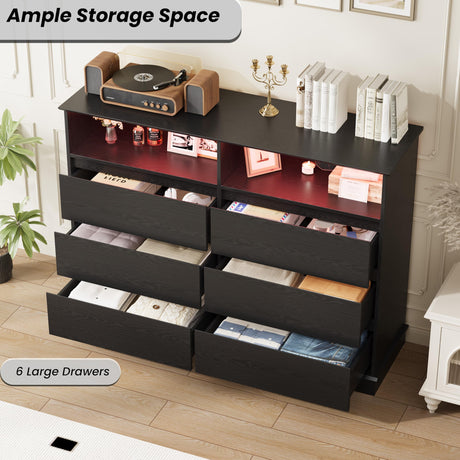 GarveeHome Dresser for Bedroom, 6 Drawer Dresser with LED Lights and Charging Station, Wide Chest of 6 Drawers with Open Space, Modern Large Capacity Storage Cabinet, Living Room, Hallway, Black GarveeHome