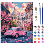 Lxmsja Pink Car Paint by Numbers Kit for Adults, Paris Street Acrylic Paint by Numbers for Adults Beginner, DIY Craft Supplies Oil Painting Kits for Home Wall Decor 16x20 inch (No Frame) Lxmsja
