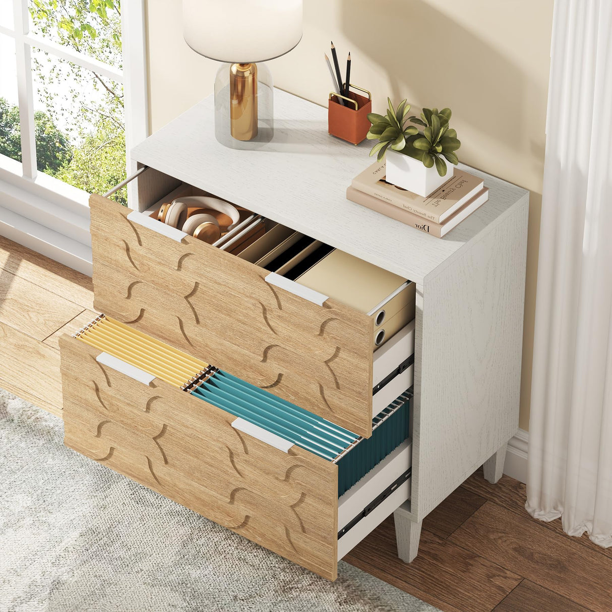 Tribesigns 2-Drawer File Cabinet, Lateral Filing Cabinet for A4/Letter/Legal Size, Office Storage Cabinet, Printer Stand with Storage Drawer for Home Office, White & Walnut Tribesigns