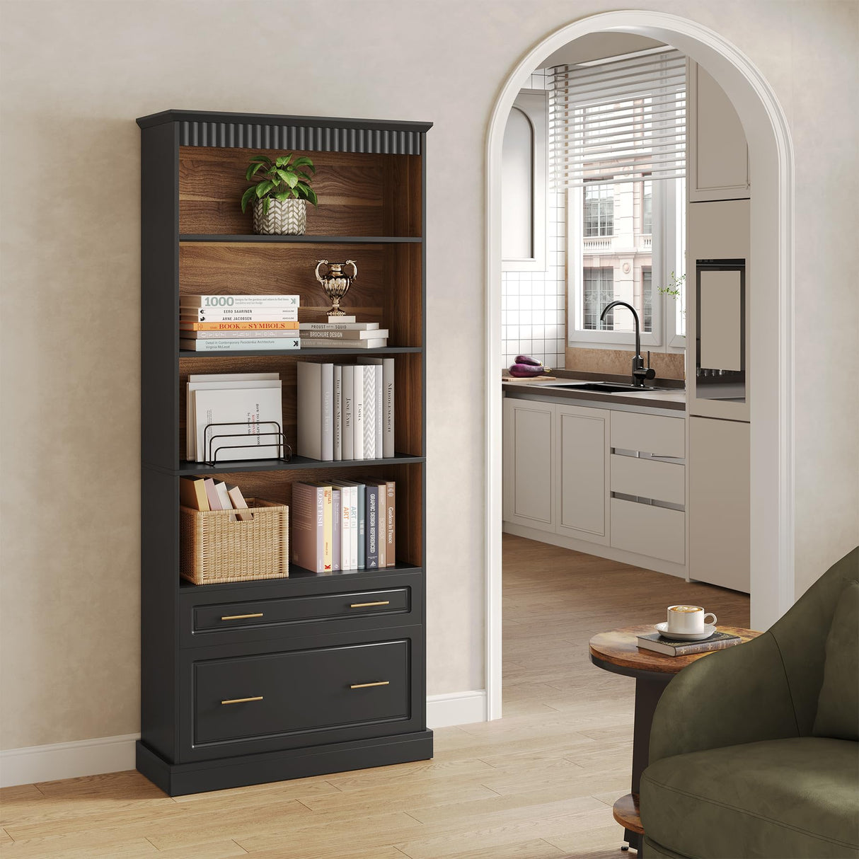 LITTLE TREE 72" Tall Black Bookcase, 5-Tier Office Bookself with File Cabinet Drawers,Modern Floor Standing Storage Filing Cabinet Book Shelf for Living Room,Bedroom LITTLE TREE
