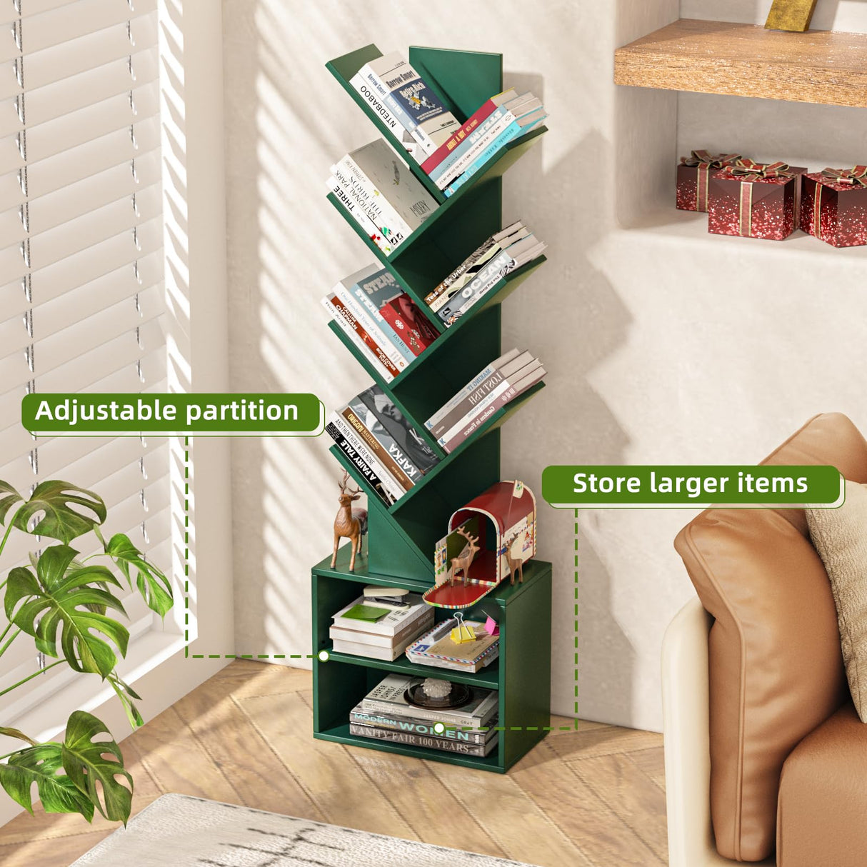 SHEEPAM 10 Tier Tree Bookshelf,Christmas Green Bookcase for Narrow Space, Storage Organizer Floor Standing Bookshelves for Books, Tall Book Case for Home Office, Living Room, Bedroom