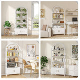 Saudism Arched Bookshelf with Doors, 71" Tall Industrial Bookcase with Sturdy Metal Frame, Freestanding Display Shelving Unit, White Geometric Book Shelf for Lving Room, Bedroom, Home Office Saudism
