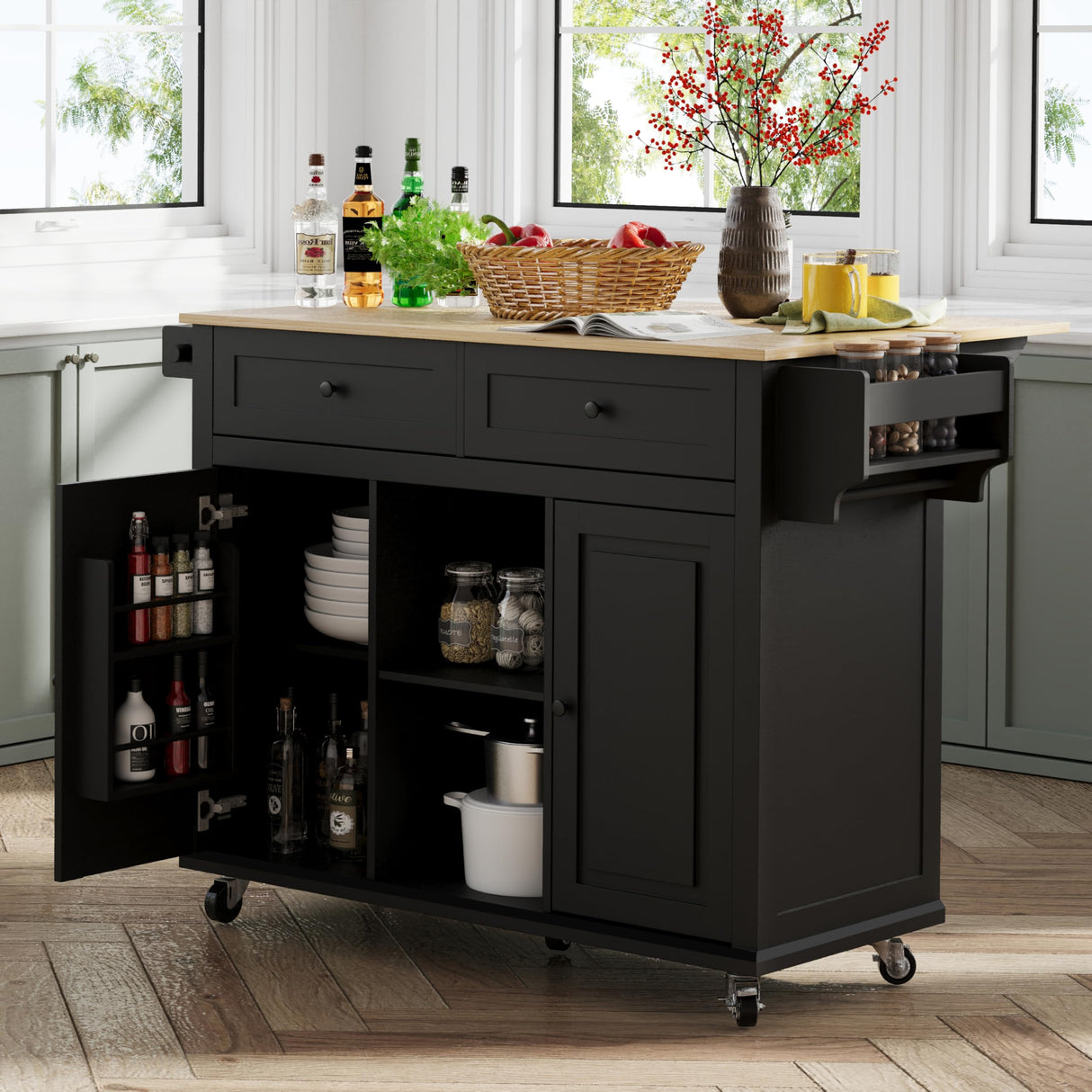 Coolove Kitchen Island with Storage on Wheels, 53" Large Rolling Kitchen Island with Drop Leaf, Mobile Kitchen Islands Cart with 2 Drawers, Bamboo Countertop Islands Table with Towel Spice Rack, Black Coolove