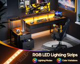 AODK 71 Inch Rustic Brown Office Desk with File Drawers, Power Outlet & LED Lighting AODK