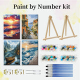JOOZ 4 Pack Paint by Numbers Kit for Adults with Frame Seaside Sunset Paint by Number with Easel DIY Beach Sea Adult Paint by Number Kit on Canvas Oil Painting Kits for Home Wall Decor 8x12 Inch JOOZ