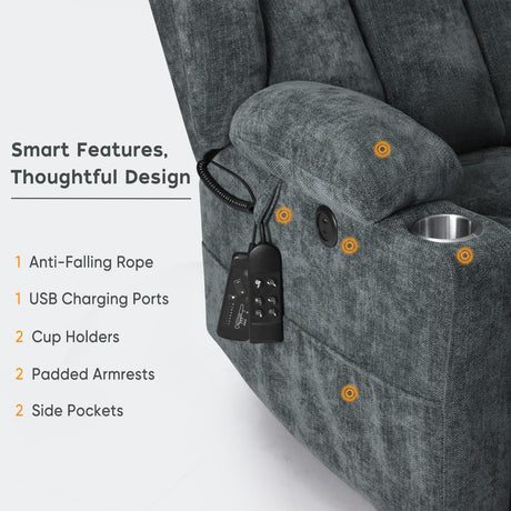 ABCASA Large Dual Motor Lay Flat Power Lift Recliner Chair for Elderly with Heat ＆ Massage, Comfortable Chenille Recliner, Cup Holder, Side Pocket,USB-A ＆ C Ports, Gray Blue ABCASA