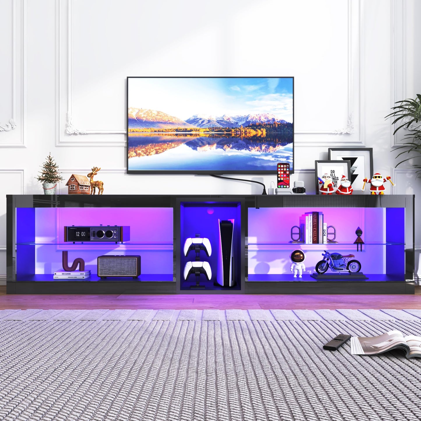 81in Long LED TV Stands W/Power Outlet for 70 80 85 90Inch TV,Black Entertainment Center W/70000-Colors Lights,High Gloss LED TV Console w/Adjustable Glass Shelves for Living Room Gameroom