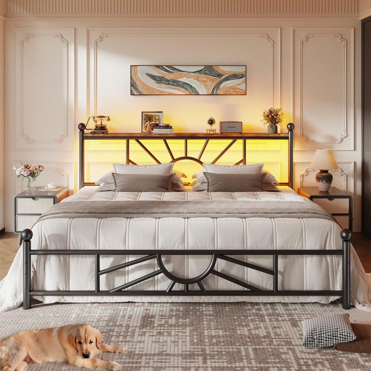 Homkdom Metal King Bed Frame and Headboard, Footboard, King Size Bed Frame with LED Light, Mattress Foundation with Under Bed Storage/No Box Spring Needed/Noise-Free/Easy Assembly, Black Homkdom