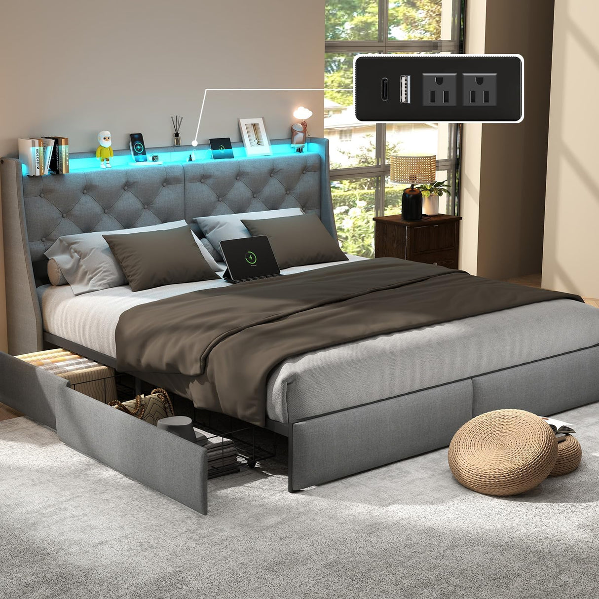 King Size Bed Frame with LED Lights and Charging Station, Upholstered Platform Bed with Storage Headboard and 4 Drawers, Metal Slat Support, Noise-Free, No Box Spring Needed, Easy Assembly, Gray UINTAI