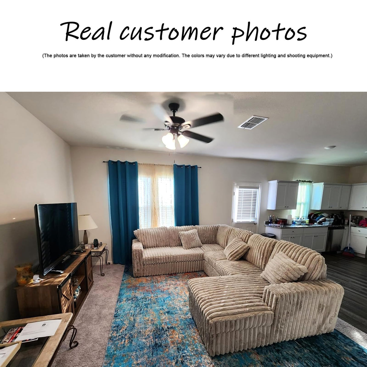 122'' Convertible U-Shaped Faux Rabbit Fur Plush Sectional Sleeper Sofa, Upholstered Cloud Couch Pull-Out Sofa Bed with Storage Chaise and USB Ports for Living Room (Khaki, 122'' x 95.6'') Familymill