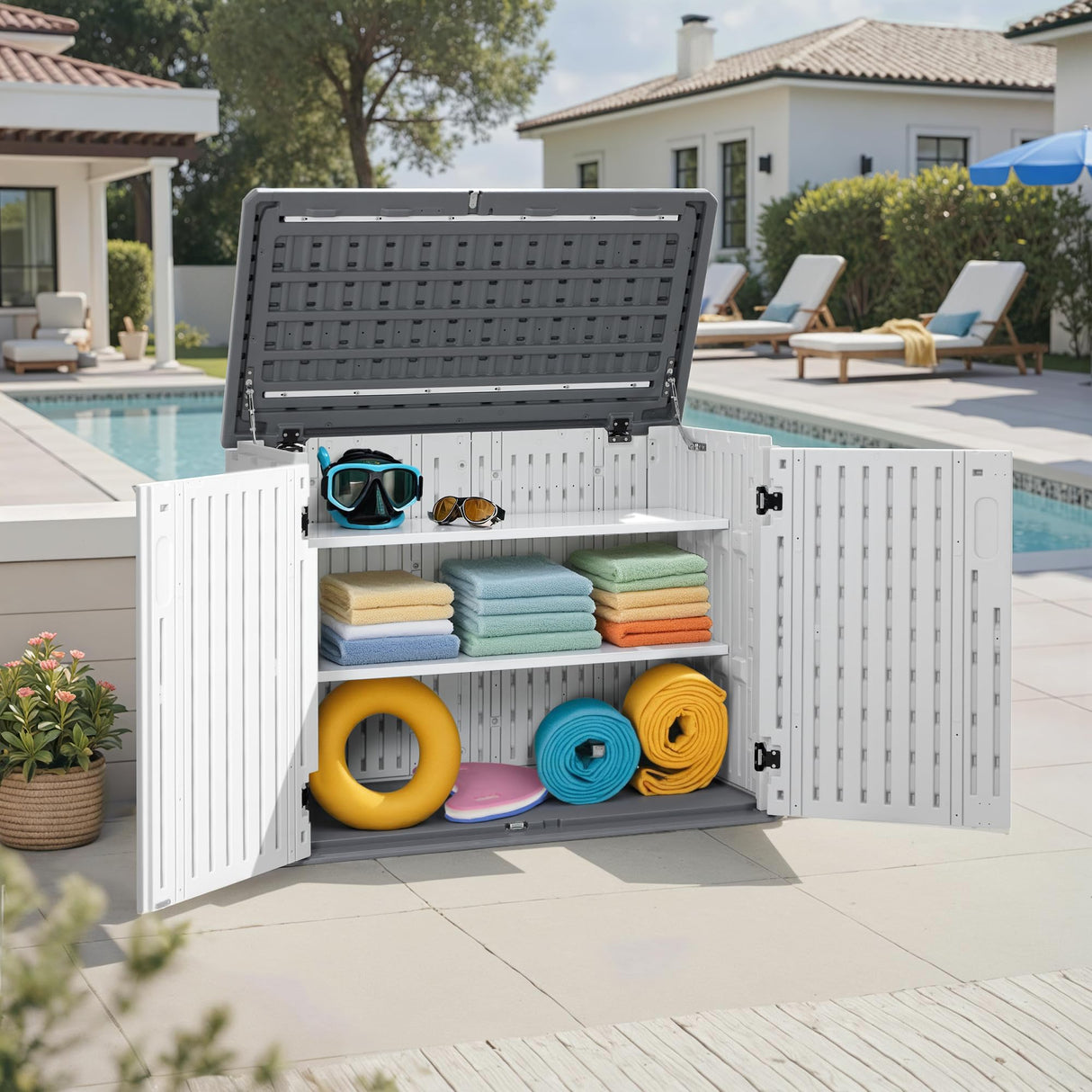 Macrout 25 Cu.Ft Small Plastic Outdoor Storage Cabinet with Shelves, 4.3 x 2.5 ft Waterproof Resin Outdoor Storage Shed with Floor, Lockable Horizontal Shed for Garden and Patio M MACROUT