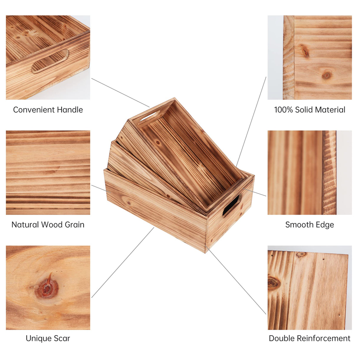 PHOENANCEE Wood Crates For Display,Rustic Crate Storage Decorative Boxes Set of 3,Wooden Nesting Box with Handles Farmhouse Container Basket Bin Home Decoration with Natural Wood Aroma,L+M+S PHOENANCEE