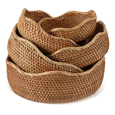 Layhit 5 Pcs Round Rattan Basket Bread Baskets for Serving Natural Wicker Bowl Basket Woven Fruit Storage Baskets for Home Countertop Kitchen Party Organizing, 5 Sizes