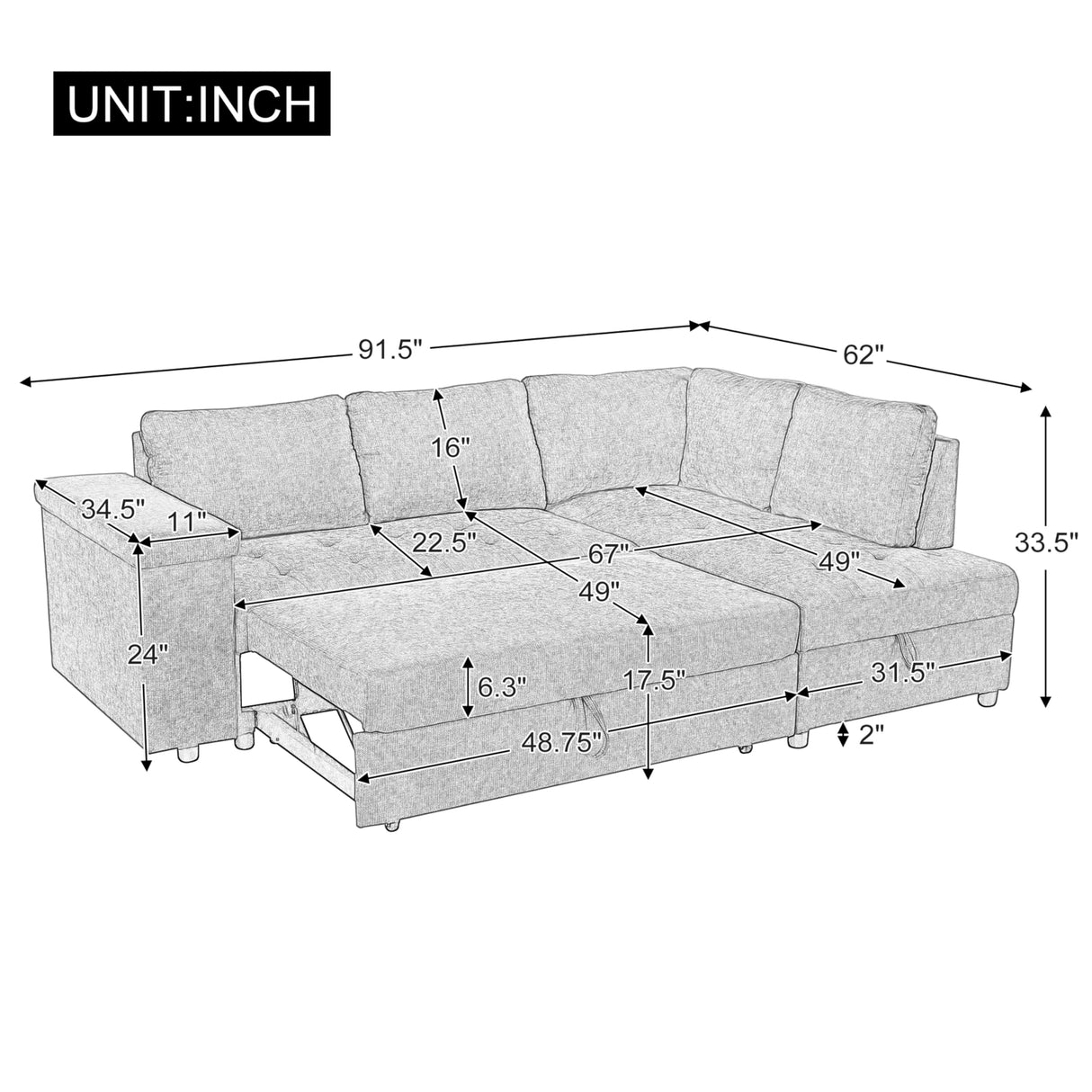 Merax Modular Sectional Sleeper Sofa with Pull Out Bed and Storage Seats, Modern L Shaped Couch & Multifunctional Wide Armrest for Living Room, Apartments, Office, Grey Merax