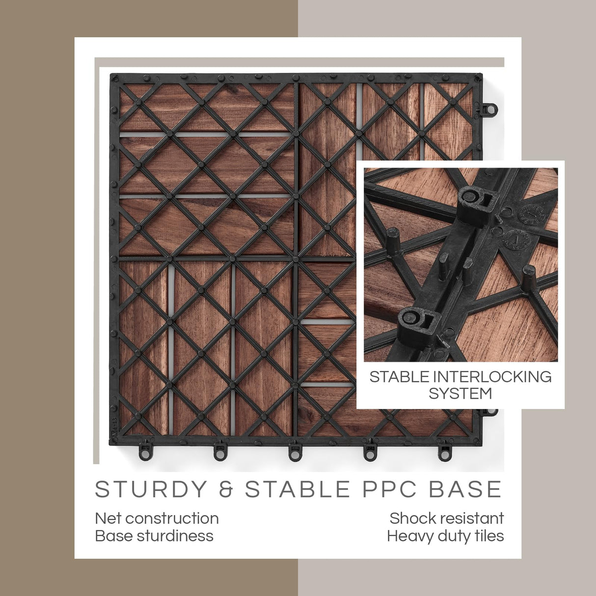 THYOI 10 Pcs Interlocking Deck Tiles 12" x 12", Patio Flooring Outdoor Waterproof, Acacia Wood Tiles All Weather, Floor Tiles for Balcony, Backyard, Indoor and Outdoor use (Round Joint, Dark Brown) THYOI