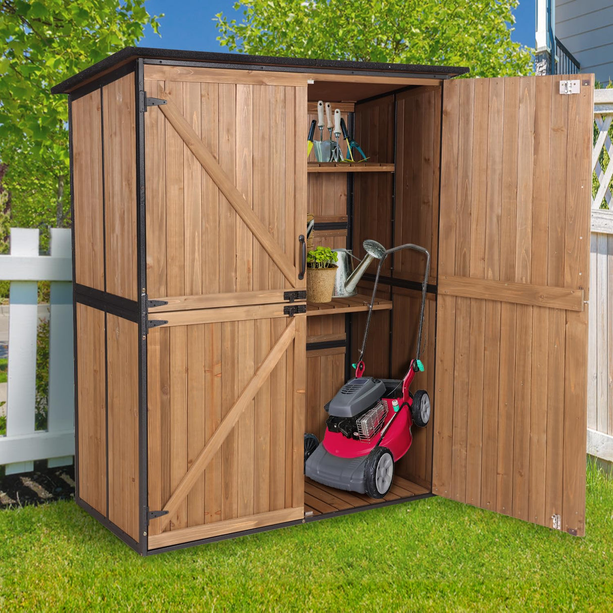 Sheds & Outdoor Storage,Large Garden Shed with Metal Frame Structure and Adjustable Shelves,Bike Storage Tool Cabinet Box for Backyard Garden Patio Lawn (Brown) Suumerpety