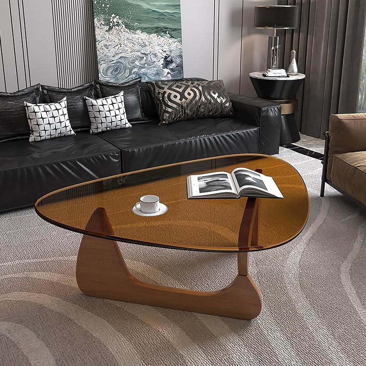 Modern Glass Coffee Table for Living Room mid Century, Small Coffee Table Stylish Coffee Tables, Suitable for Bedroom Living Room Reception Office Tables（Walnut/Brown，Medium） LZYFY