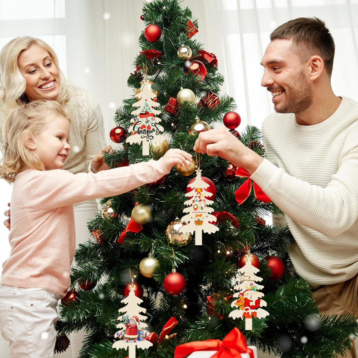 Wooden Christmas Ornaments to Paint Christmas Tree Decoration Cutouts Unfinished 3Pack 7 inches, Wood DIY Blank Christmas Tree Table Sign Ornament for Home Crafts Hanging Decoration with String Base Sophena